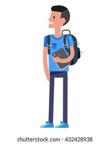 Vector detailed character flat design child student. Kids  smiling holding Gadgets and backpacks. Primary or elementary school child character.
