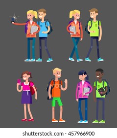 Vector detailed character flat design children students boy and girl. Kids  smiling holding Gadgets and backpacks. Primary or elementary school