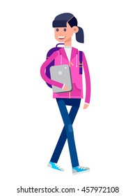 Vector detailed character flat design child student. Kid smiling holding Gadgets and backpacks. Primary or elementary school child character. Vector child character isolated on white background