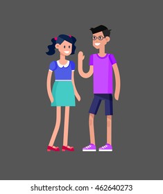 Vector detailed character flat design children students boy and girl. Kids  smiling holding Gadgets and backpacks. Primary or elementary school