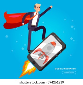 Vector detailed character fly on the smartphone as rocket, startup . Mobile innovation, app construction site,  user interface building process, coding for phone application and development