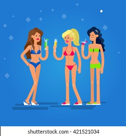 Vector detailed character girlfriends go on summer vacation. Hot beautiful girl in bikini on a beach