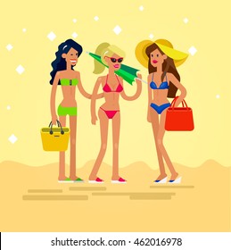 Vector detailed character girlfriends go on summer vacation. Hot beautiful girl in bikini on a summer beach