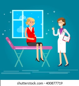 Vector detailed character happy pregnant woman having a doctor visit in hospital. Gynecologist woman indicates that everything is OK. Cool flat  illustration