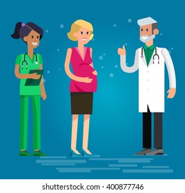 Vector detailed character happy pregnant woman having a doctor visit in hospital. Gynecologist men and smiling nurse  indicates that everything is OK. Cool flat  illustration