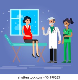 Vector detailed character happy pregnant woman having a doctor visit in hospital. Gynecologist men and smiling nurse  indicates that everything is OK. Cool flat  illustration
