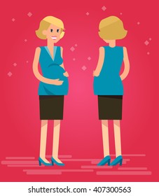 Vector detailed character happy pregnant woman In the front and in the back. Cool flat pregnant woman illustration. Vector pregnant woman
