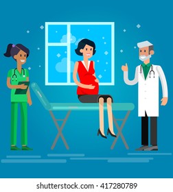 Vector detailed character happy pregnant woman having a doctor visit in hospital. Gynecologist men and smiling nurse  indicates that everything is OK. Cool flat  illustration