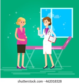 Vector detailed character happy pregnant woman having a doctor visit in hospital. Gynecologist woman indicates that everything is OK. Cool flat  illustration
