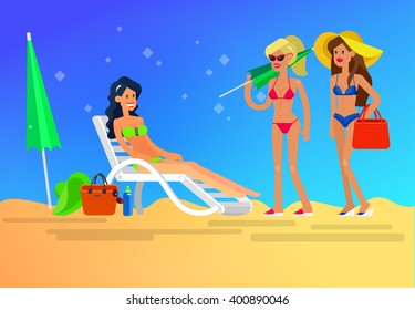 Vector detailed character Hot beautiful girl in bikini lying on a sun lounger and sunbathe on a beach. Cool flat  illustration