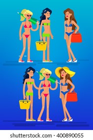 Vector detailed character Hot beautiful girl in bikini on a beach. Cool flat  illustration