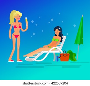 Vector detailed character Hot beautiful girl in bikini lying on a sun lounger and sunbathe on a summer beach, girlfriends go on vacation