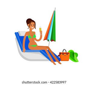 Vector detailed character Hot beautiful girl in bikini lying on a sun lounger and sunbathe on a summer beach, girlfriends go on vacation