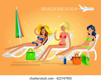 Vector detailed character Hot beautiful girl in bikini on a beach. Cool flat  illustration