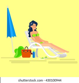 Vector detailed character Hot beautiful girl in bikini lying on a sun lounger and sunbathe on a summer beach