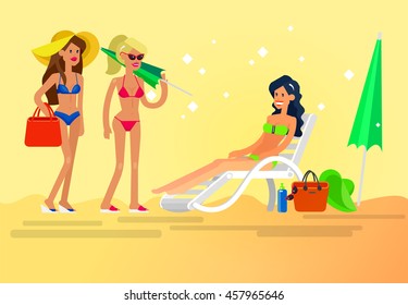 Vector detailed character Hot beautiful girl in bikini lying on a sun lounger and sunbathe on a summer beach, girlfriends go on summer vacation