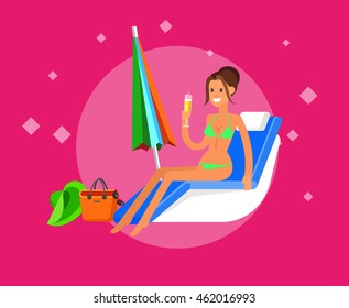 Vector detailed character Hot beautiful girl in bikini lying on a sun lounger and sunbathe on a summer beach