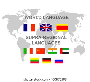 Vector detailed character Language translator concept with world map and flags of the world languages, cool flat  illustration