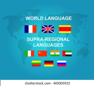Vector detailed character Language translator concept with world map and flags of the world languages, cool flat  illustration