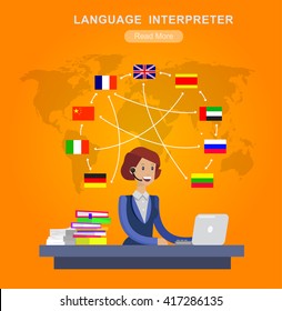 Vector detailed character Language translator concept with woman and world map with flags of world