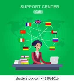 Vector detailed character Language translator concept with woman and world map with flags of world