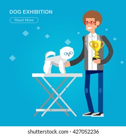 Vector detailed character man with dogs on pet show competition. Pomeranian dog winning the prize on  pet show. Vector pet show 