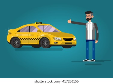 Vector detailed character men with phone taxi hire service application running, creative infographics, design on public taxi service