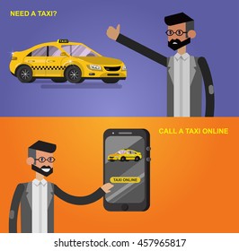 Vector detailed character men with phone taxi hire service application running, creative infographics