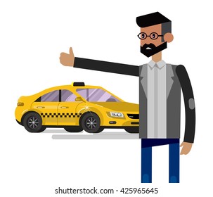 Vector detailed character men with taxi, creative concept, design, yellow