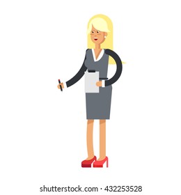 Vector detailed character office worker, business office worker in action. Young woman, business woman lifestyle. Character woman office worker. Office worker woman isolated on white background