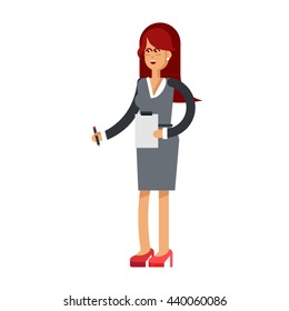 Vector detailed character office worker, business office worker in action. Young woman, business woman lifestyle. Character woman office worker. Office worker woman isolated on white background