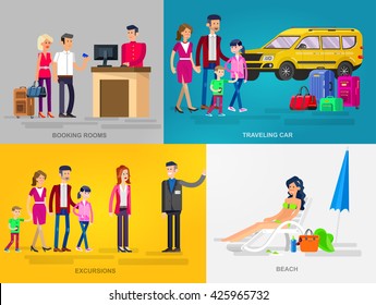 Vector detailed character people in action for travel. Family summer holiday travel on car, Booking rooms in hotel, tour guide excursion , woman relaxing on a beach