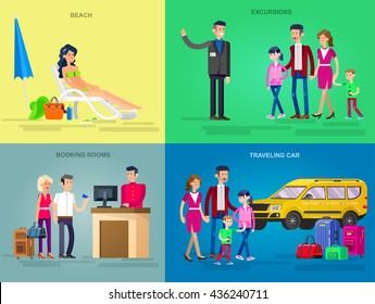 Vector detailed character people in action for travel. Family summer holiday travel on car, Booking rooms in hotel, tour guide excursion , woman relaxing on a beach