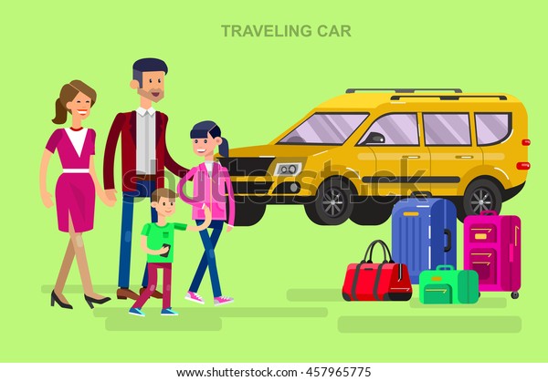 Vector detailed character people. Family summer\
holiday travel on car