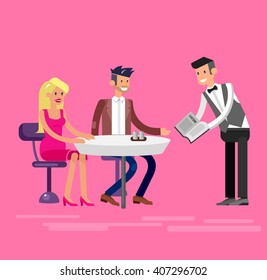 Vector Detailed Character People In The Restaurant, Canteen Catering Service For Public And Personnel Restaurant, Restaurant Waiter Serves Guests. Vector Restaurant Illustration