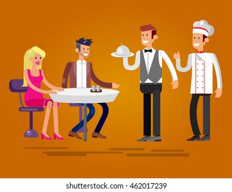 Vector detailed character people in the restaurant, canteen, catering service for public and personnel, waiter and Chef serves guests