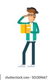 Vector detailed character people, character young man or sudent with book, male character in casual clothing style. Creative boy isolated on white background