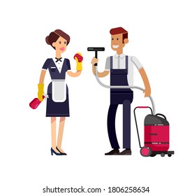 Personaje profesional vectorial detallado del cuidador. Servicio de limpieza y suministros. Ilustración plana