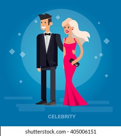 Vector detailed character rich and beautiful celebrities, man in tails and blond woman in evening dress  Flat style vector illustration 