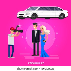 Vector detailed character rich and beautiful celebrities, man in tails and blond woman in evening dress, celebrities walking on a red carpet, celebrities with limousine