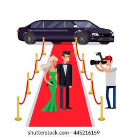 Vector detailed character rich and beautiful celebrities, man in tails and blond woman in evening dress, celebrities walking on a red carpet, celebrities with limousine svg