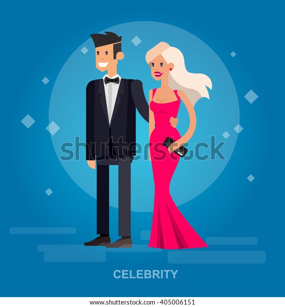 Vector detailed character rich and beautiful\
celebrities, man in tails and blond woman in evening dress  Flat\
style vector illustration\
