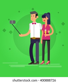 Vector detailed character. Selfie shots family and couples vector illustration,  life with photo camera