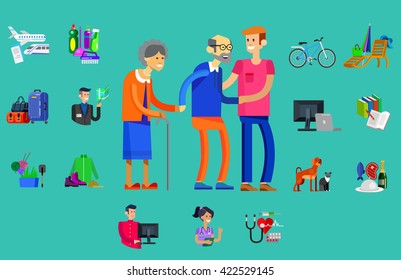 vector detailed character senior, senior age with caregiver. Old age couple and icons. Pension hobbies and interests leisure of pensioner