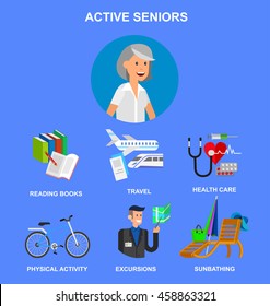vector detailed character senior, age woman and icons. Pension hobbies and interests leisure of pensioner