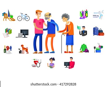 vector detailed character senior. Old age man and icons. Pension hobbies and interests leisure of pensioner