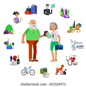 vector detailed character senior. Old age man and icons. Pension hobbies and interests leisure of pensioner