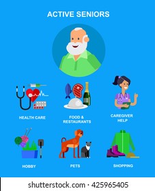 vector detailed character senior. Old age man and icons. Pension hobbies and interests leisure of pensioner