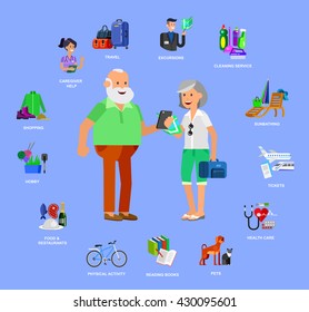 vector detailed character senior. Old age man and icons. Pension hobbies and interests leisure of pensioner