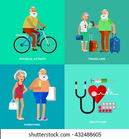 vector detailed character senior. Old age man and icons. Pension hobbies and interests leisure of pensioner